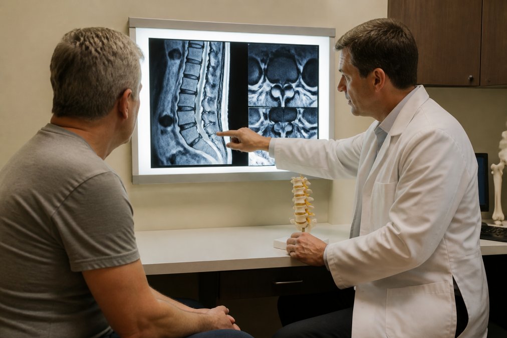 A doctor pointing to a lumbar spine MRI scan displayed on a backlit monitor, with a patient seated nearby in a clinical consultation room, both looking at the images under warm overhead lighting