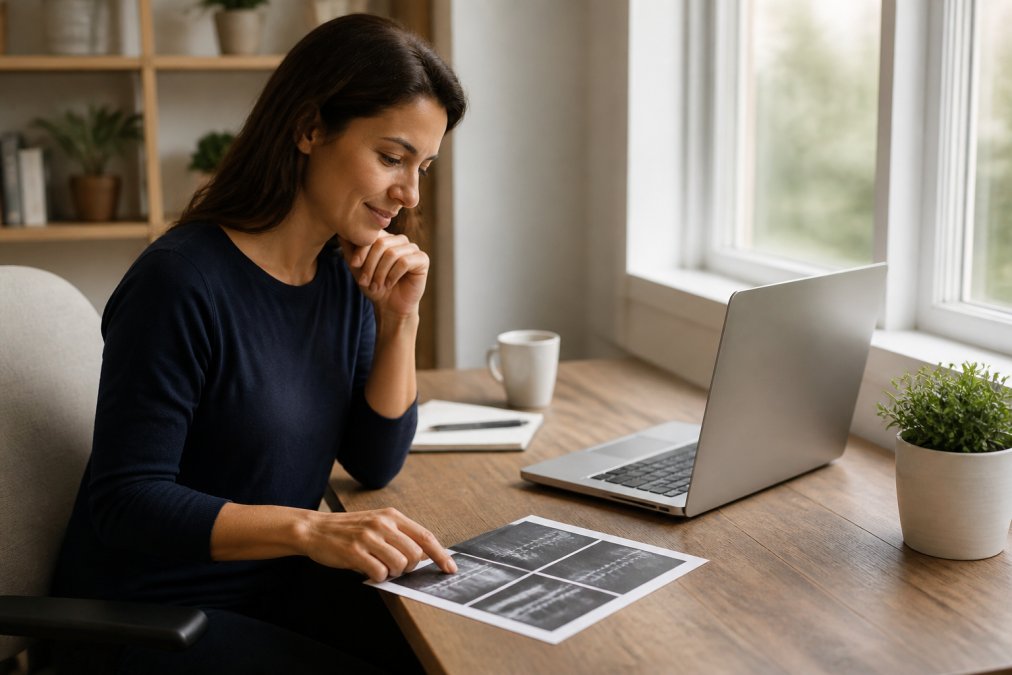 A person sitting at a home desk, reviewing a plain-language medical report on a laptop screen, looking relieved and focused, with a printed MRI report beside the keyboard in soft natural window light