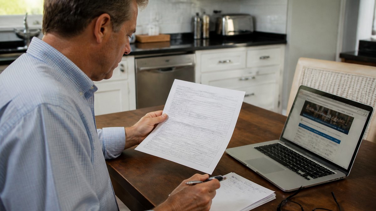 A homeowner at a kitchen table holding a property assessment notice in one hand and a pen in the other, with a laptop open to a county property search page and reading glasses nearby