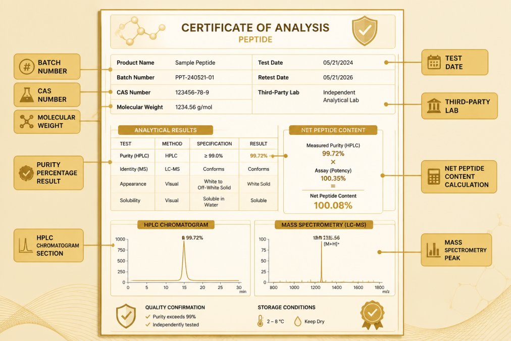How to Read a Peptide Certificate of Analysis Annotated diagram showing a typical peptide COA layout with labels pointing to batch number field, molecular weight value, CAS number, purity percentage result, net peptide content calculation, HPLC chromatogram section, mass spectrometry peak, test date, and third-party lab name