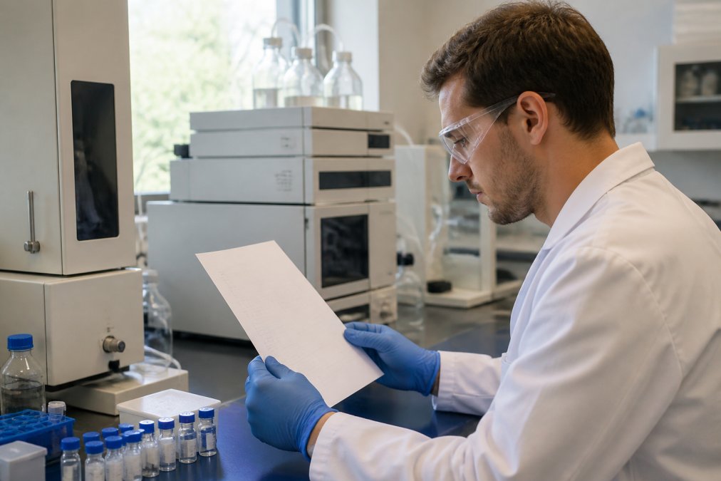 Researcher examining a printed peptide COA document closely at a laboratory bench with analytical instruments visible in soft natural lighting