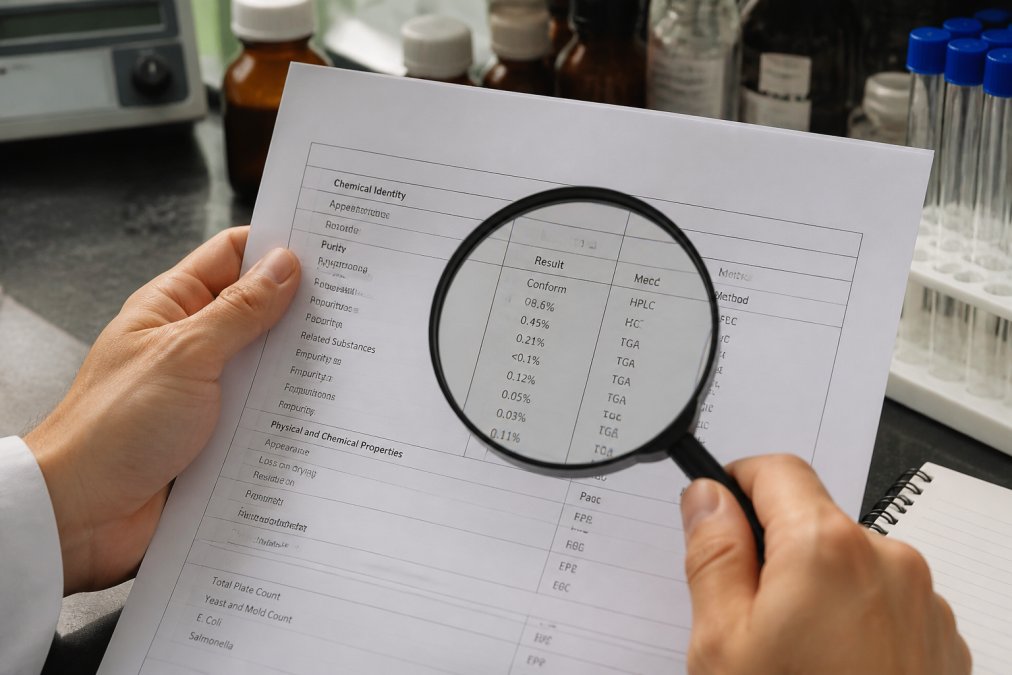 Hands holding a printed peptide COA document with a magnifying glass, examining specific data fields and numerical values under warm laboratory lighting
