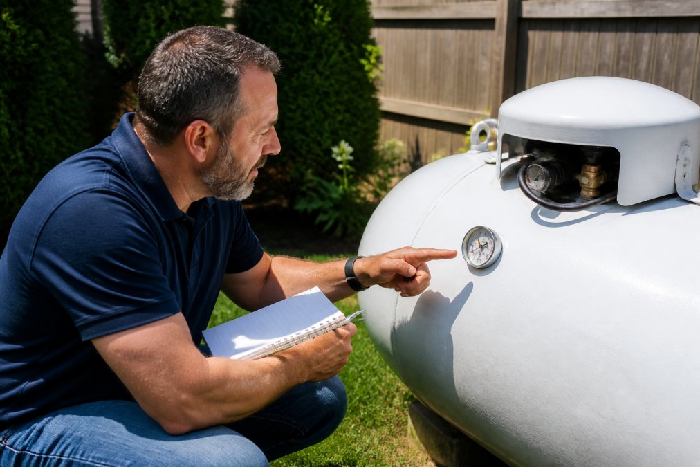 Homeowner kneeling beside a large white residential propane tank in a backyard, reading the gauge dial with a notepad in hand on a sunny day, green grass and fence in background