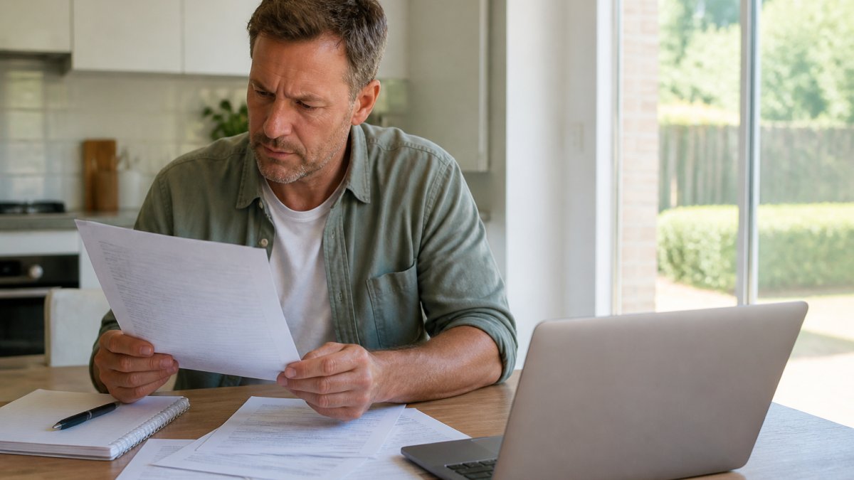 Homeowner reviewing printed solar battery quote documents at kitchen table with laptop and notepad, natural window lighting