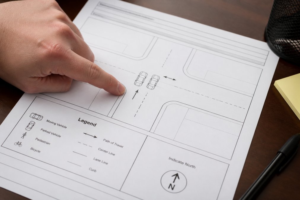 Hand pointing to vehicle symbols and intersection markings on a detailed accident report diagram