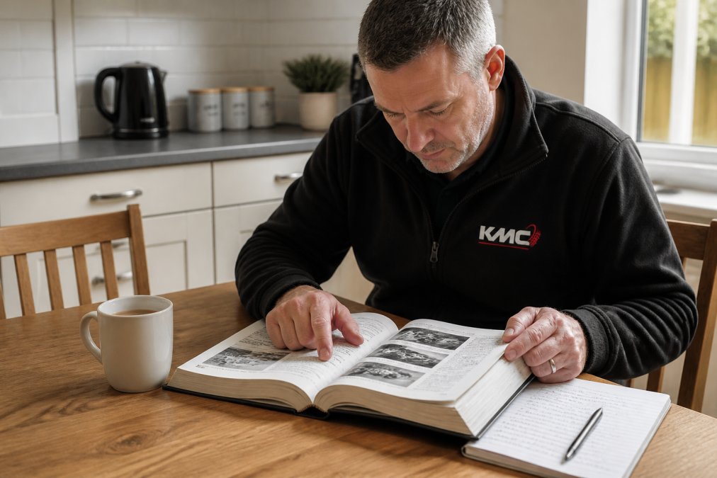Person studying a car service manual with handwritten notes and tea at a kitchen table