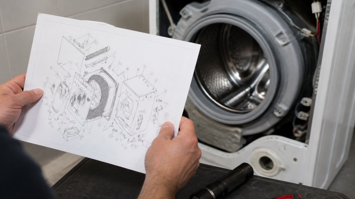 Hands holding a printed assembly diagram next to a washing machine with tools on a nearby workbench.