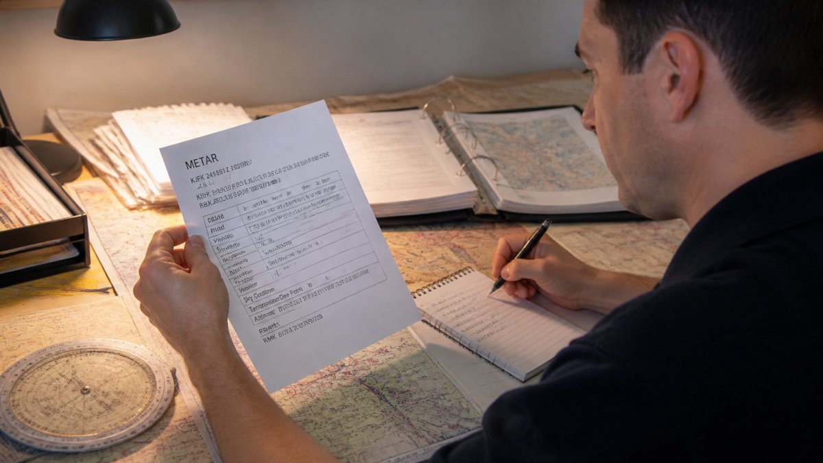 A pilot in a flight planning room reviewing a printed METAR report with a pen and notepad, aviation charts visible on the desk under warm overhead lighting
