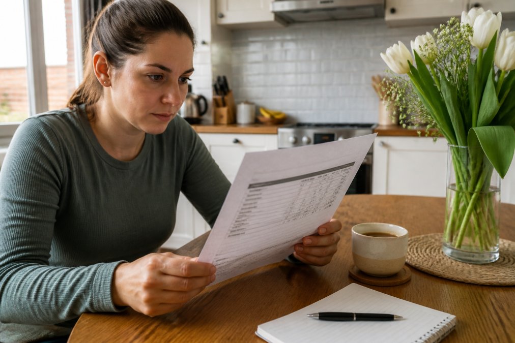 A person sitting at a kitchen table in daylight, holding a printed lab report and reading it closely, with a cup of tea and a notebook beside them