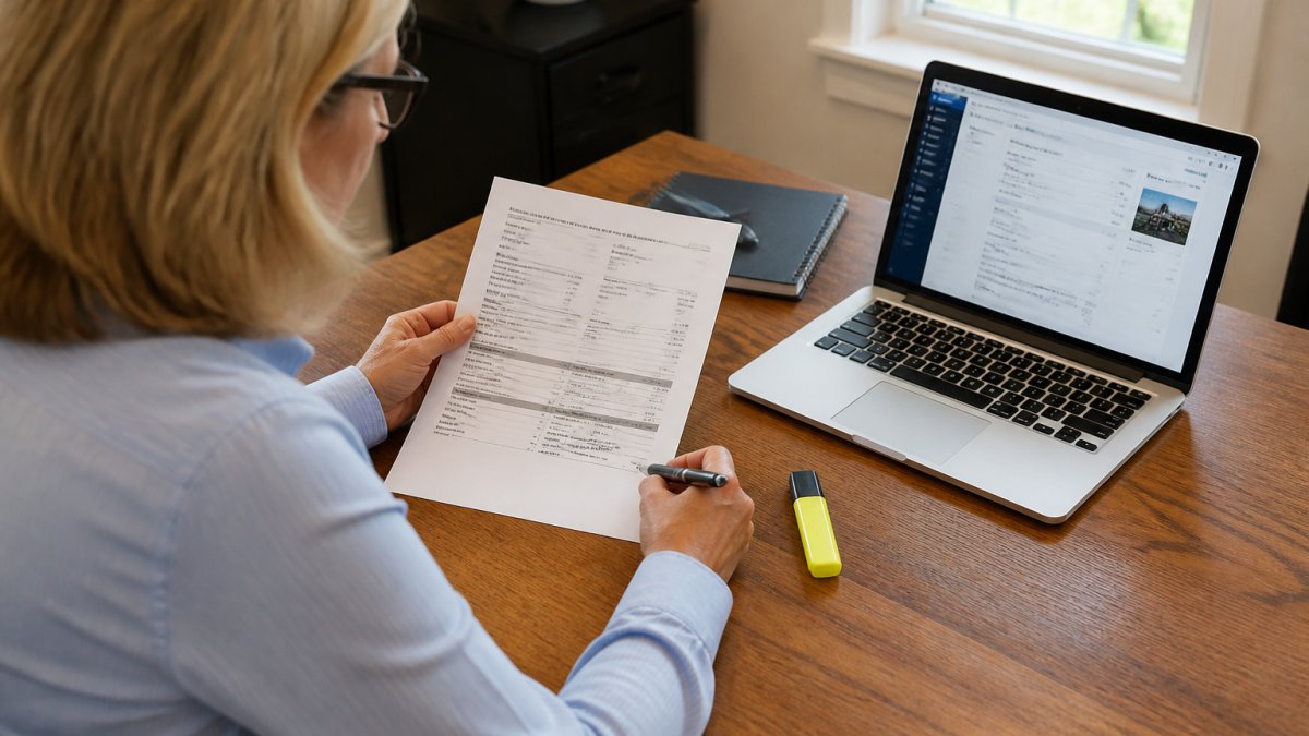 A business owner at a wooden desk reviewing a printed insurance policy document with a pen and highlighter, a laptop open beside it showing a commercial insurance portal