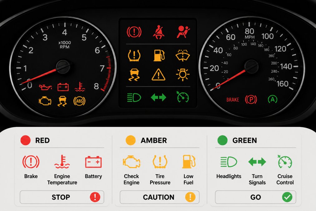 Close-up of a car instrument cluster with multiple warning lights illuminated, showing red, amber, and green indicators against the dark dashboard background with precise focus on the colored warning symbols