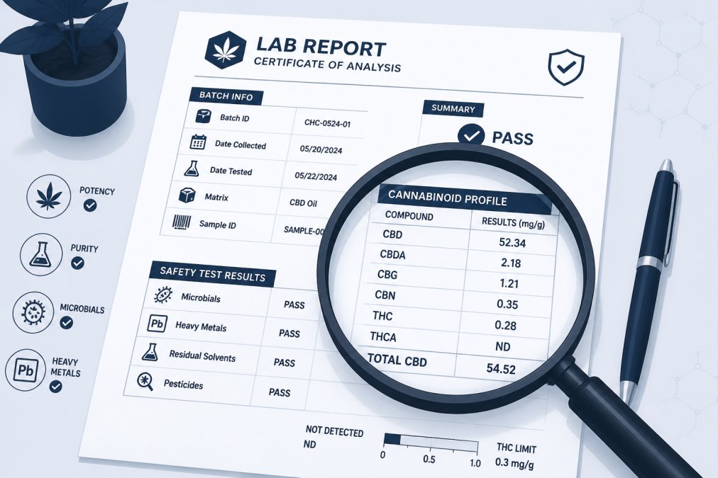 Close-up of a printed CBD lab report with a magnifying glass, showing detailed test results and batch information on a clean desk with natural window lighting