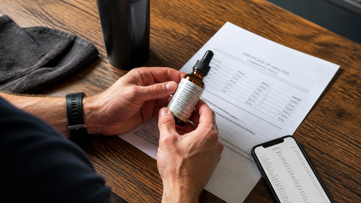 Close-up of an athlete's hands holding a CBD product label next to a printed certificate of analysis document on a wooden table, with a smartphone showing a lab test results page nearby