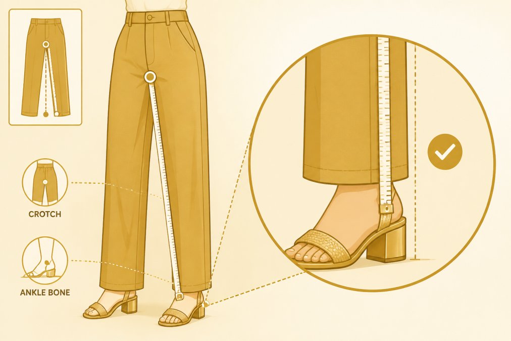 Close-up of measuring tape positioned along the inside leg seam from crotch to ankle bone, showing proper parallel alignment and foot placement in measurement shoes