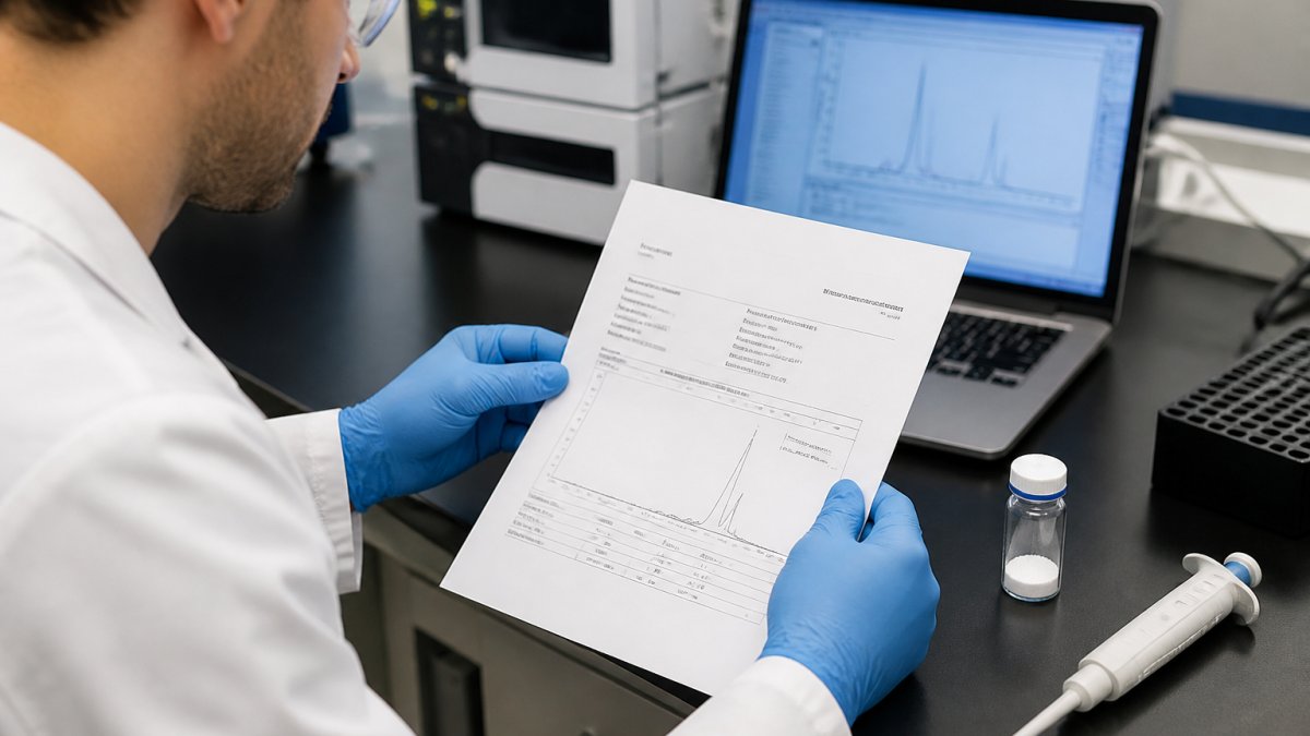 Researcher holding a printed certificate of analysis document at a laboratory bench with a peptide vial and laptop displaying chromatography results in the background