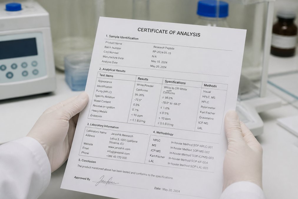 Annotated Certificate of Analysis with labeled sections showing sample identification, analytical parameters, specification limits, testing laboratory credentials, and test methodology