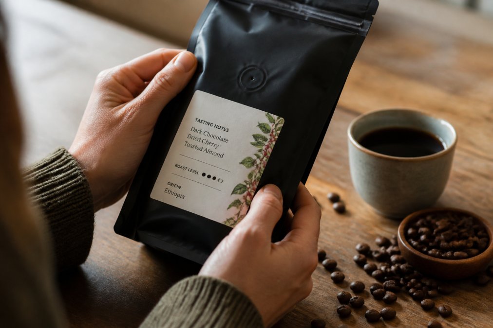 Close-up of a person's hands holding a coffee bag with a visible flavor notes label, a freshly brewed cup and scattered coffee beans on a wooden table