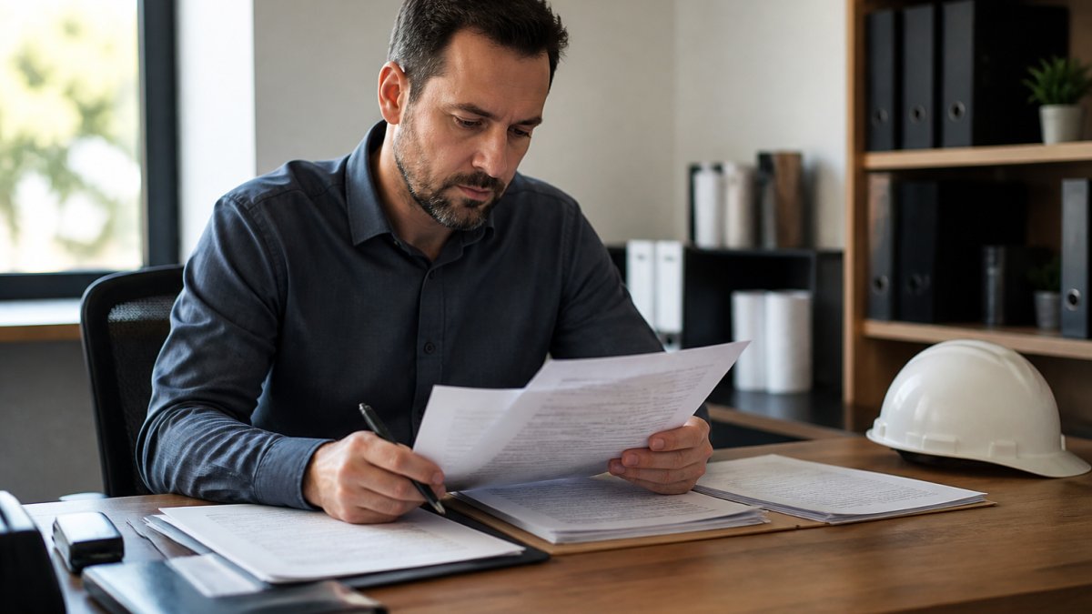 Business owner or contractor sitting at desk reviewing printed insurance documents with a pen in hand, natural office lighting