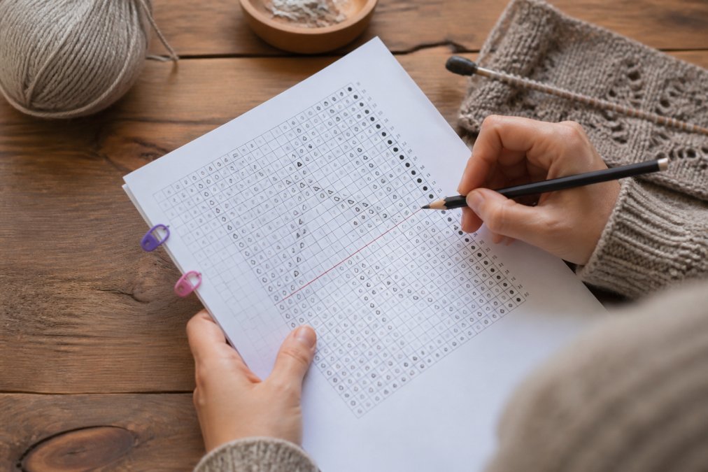 Close-up of hands holding a printed knitting chart with stitch markers and a pencil marking progress on a lace pattern, with yarn and needles nearby on a wooden table