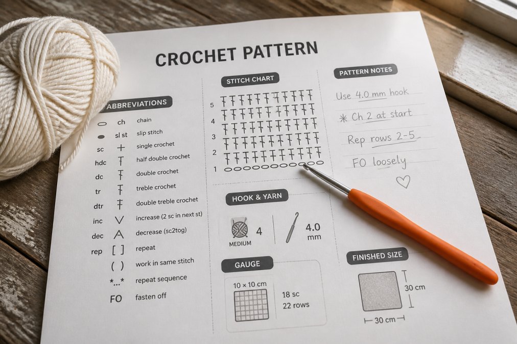 Close-up of a printed crochet pattern laid flat on a worn wooden table, with a bright orange crochet hook resting across the page, a skein of cream yarn beside it, and handwritten pencil notes in the margins, shot in warm natural window light