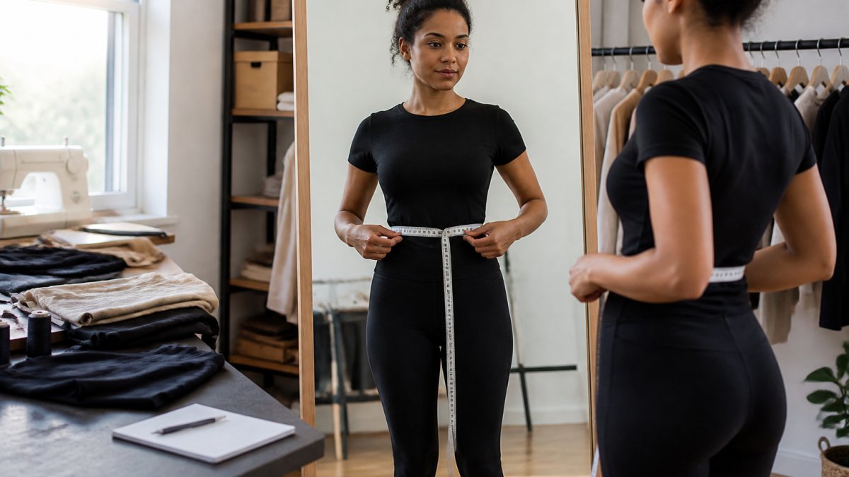 A person standing straight in front of a full-length mirror, holding a flexible measuring tape around their waist, wearing fitted clothing, with a notepad on a nearby table and soft natural window light