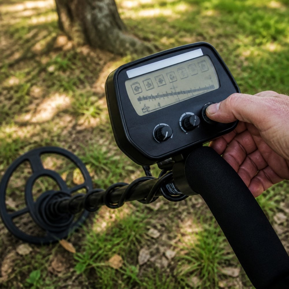 Close-up of a metal detector control panel displaying VDI numbers and target ID icons, with a hand adjusting settings, outdoors in a park setting