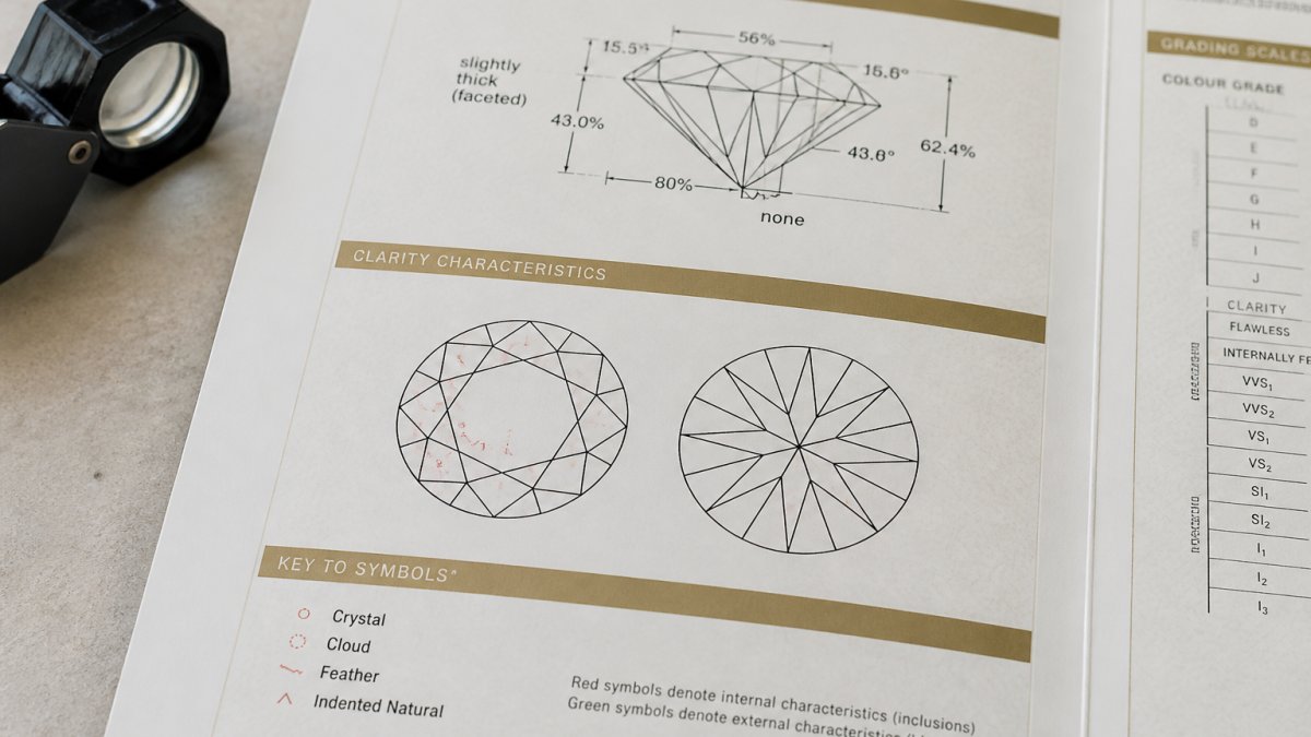 Close-up of a printed diamond grading report showing the plot diagram section with inclusion markers and measurements visible under soft natural lighting