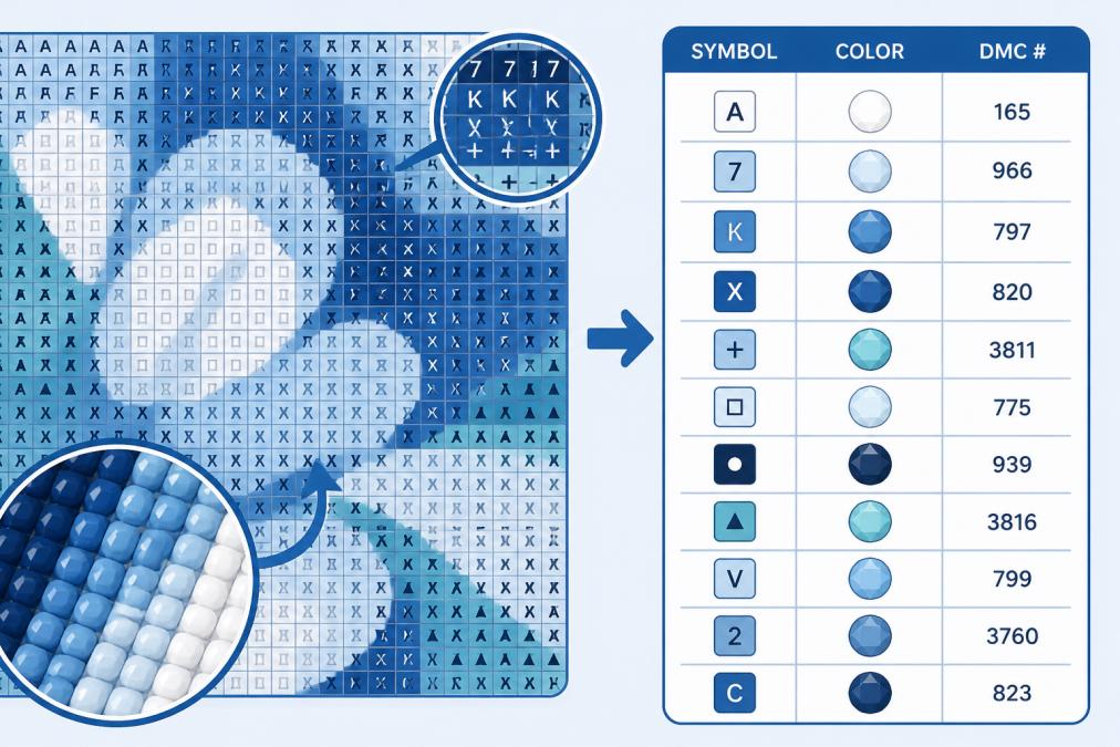 Close-up of a diamond painting canvas with printed symbols clearly visible next to a printed legend key showing symbol-to-color mappings on a crafting table