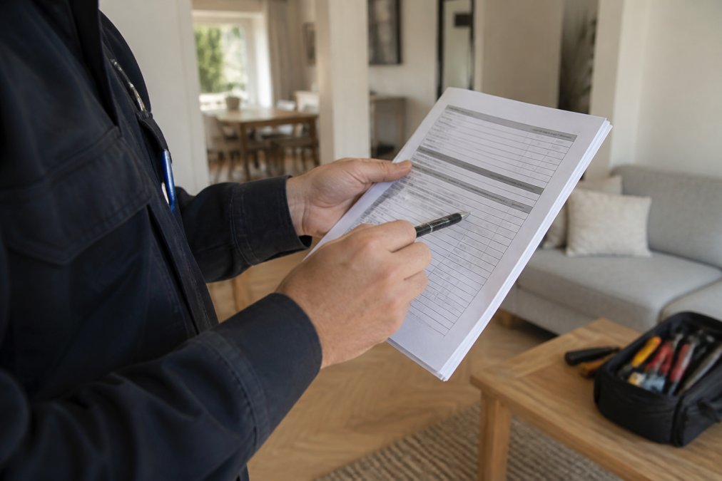 Close-up of an electrician's hands holding a printed EICR report, pointing with a pen to a specific code while standing in a residential living room