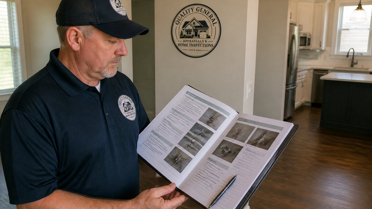 Professional home inspector holding detailed inspection report with photographs and notes, reviewing findings while standing in a home's interior