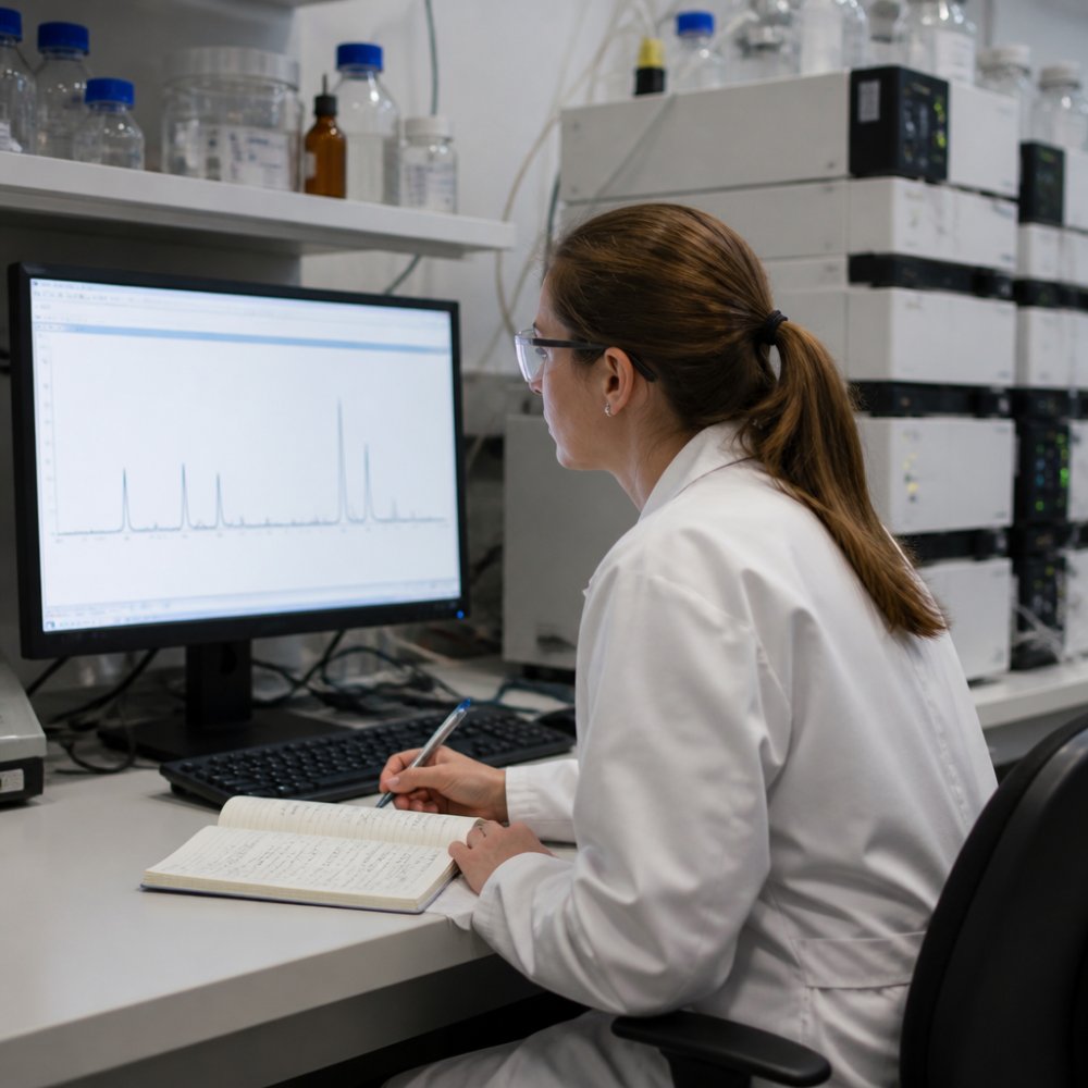 A researcher in a lab coat reviewing an HPLC chromatogram on a computer monitor, with the instrument visible in the background and a notepad with handwritten peak notes beside the keyboard