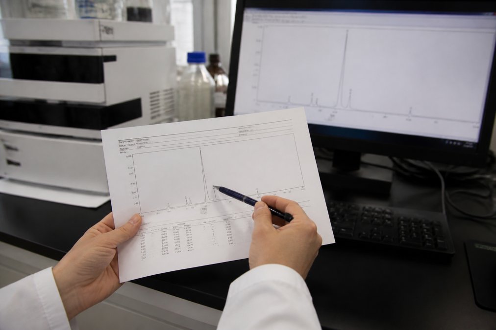 A laboratory researcher's hands holding a printed HPLC chromatogram report beside a computer monitor displaying the same graph, pen pointing at a peak on the paper, soft overhead lab lighting