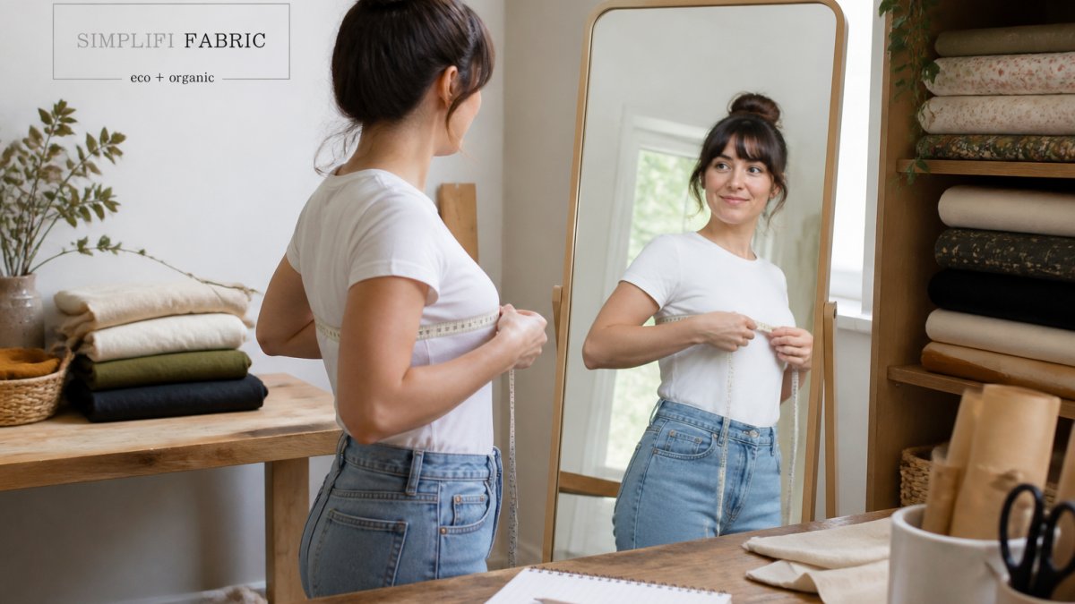 A person measuring their bust with a soft tape measure in front of a full-length mirror, with a notepad and pencil on a nearby table and fabric scraps visible in the background