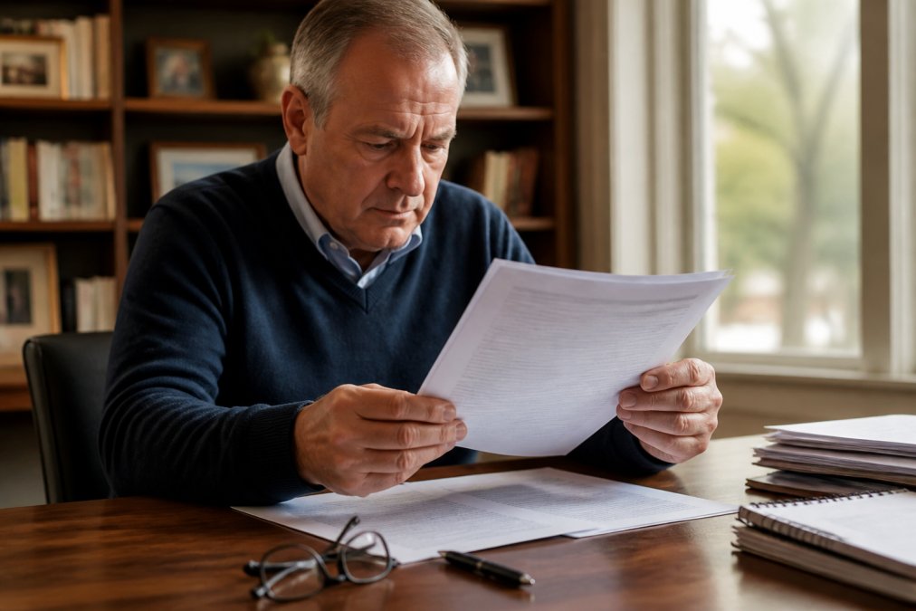 Homeowner holding and carefully reviewing an insurance declarations page document at a wooden desk with reading glasses and a pen, natural office lighting