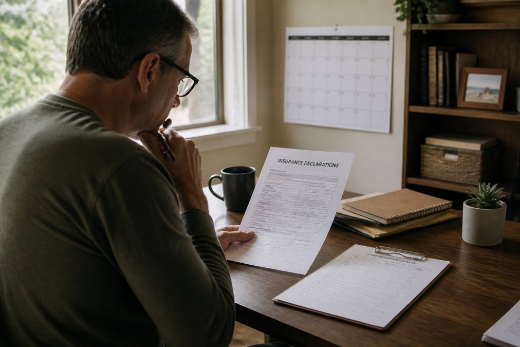 Person sitting at a home office desk with insurance declarations page, checklist document, pen, and wall calendar visible, reviewing policy information in natural daylight
