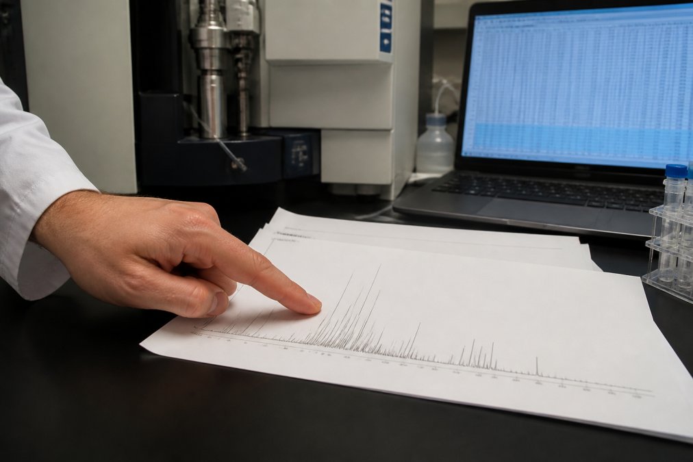 A close-up of a researcher's hand pointing at a printed mass spectrometry spectrum on a lab bench, with a laptop showing the raw data file in the background
