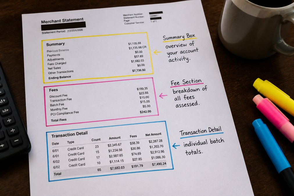 A printed merchant account statement with the header, summary box, fee section, and transaction detail rows each circled in a different highlighter color and labeled with handwritten notes