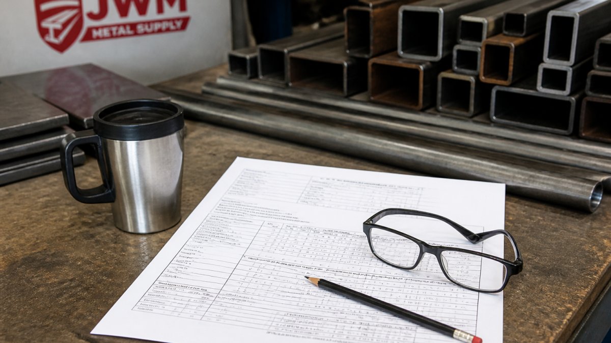 Reading glasses and a pencil rest on a mill test report document with steel tubing in the background