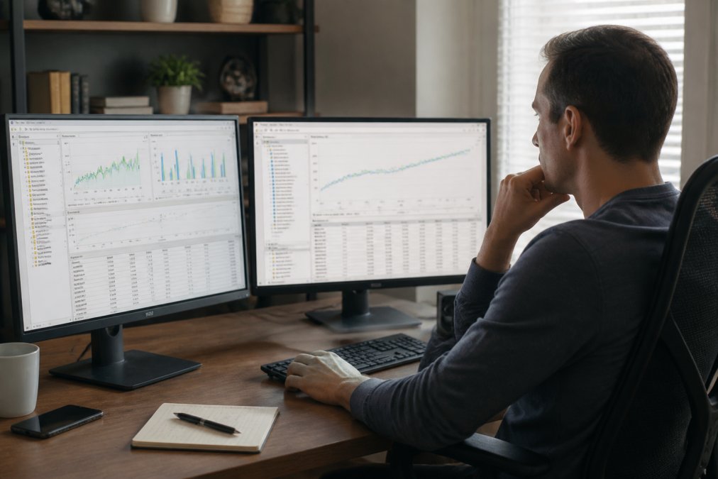 Trader sitting at desk with dual monitors displaying MT5 terminal with performance report data visible on screen, showing multiple charts and equity curves with natural office lighting