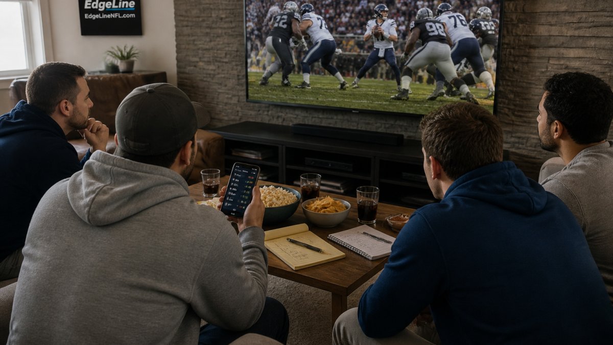 A group of friends watching an NFL game on a large TV in a living room, one holding a phone showing a betting app, notebooks and snacks on the coffee table