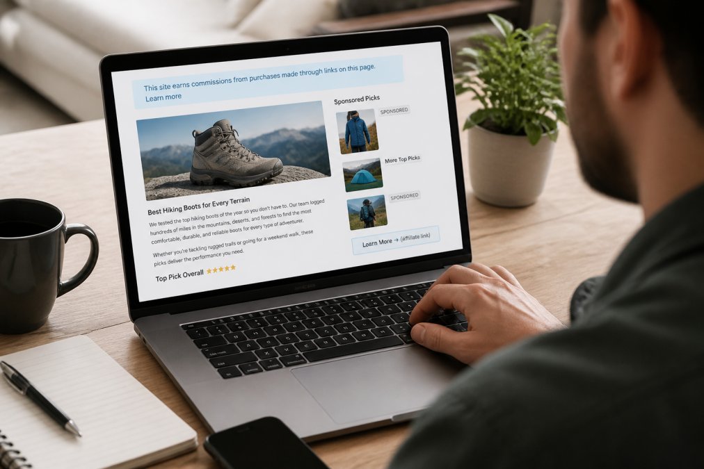 Close-up view of a laptop screen displaying a product review webpage with visible affiliate disclosure text highlighted in a banner, sponsored content badges in the sidebar, and a "Learn More" button with affiliate link notation