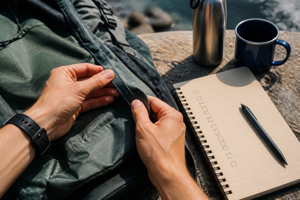 Hands carefully examining the stitching and seams of a backpack in natural daylight, with a detailed review checklist visible on a notebook beside the gear, showing close inspection of material texture and construction quality