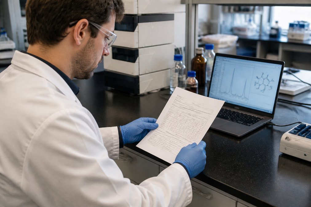 Professional researcher in laboratory setting examining a printed certificate of analysis at a workbench, with a laptop displaying peptide chromatography data and molecular structure in the background