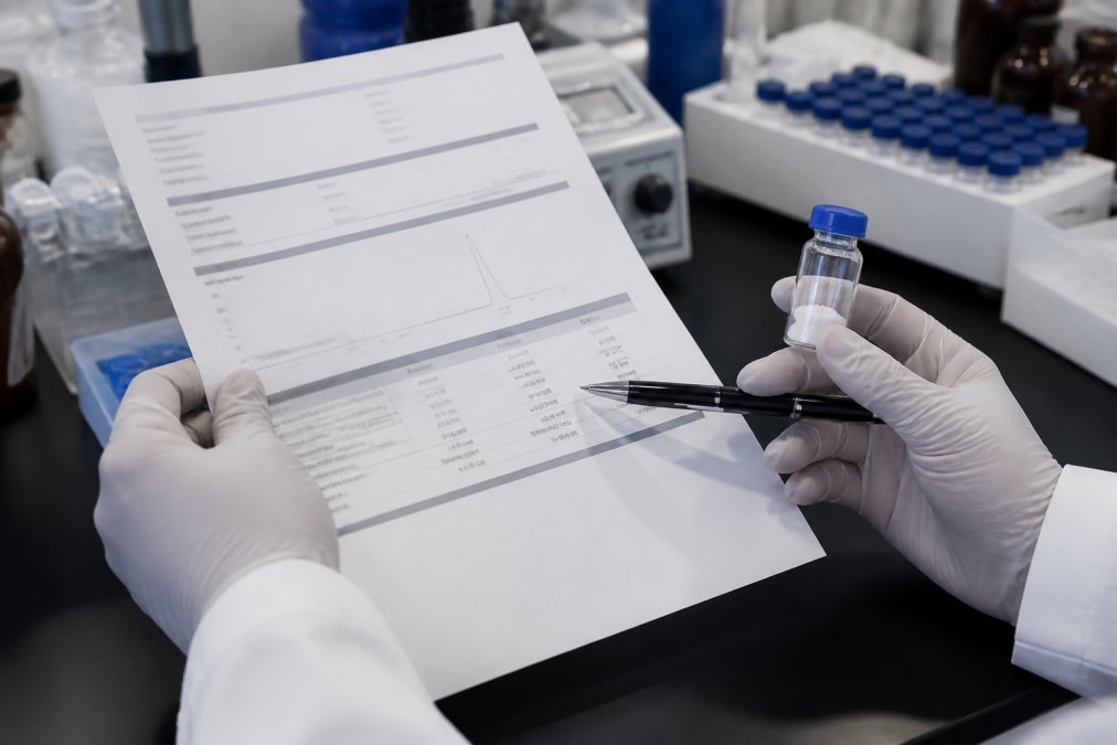 Close-up of a researcher's hands holding a printed Certificate of Analysis document next to a laboratory vial, with a pen pointing at the purity data section