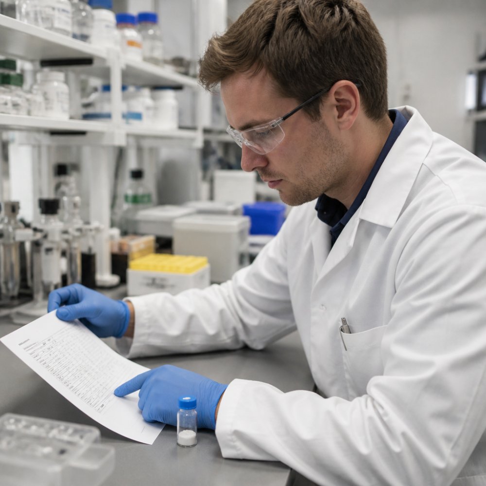 Professional researcher examining Certificate of Analysis document on laboratory bench with peptide vial, pointing to key metrics like purity percentage and batch identification numbers under bright lab lighting