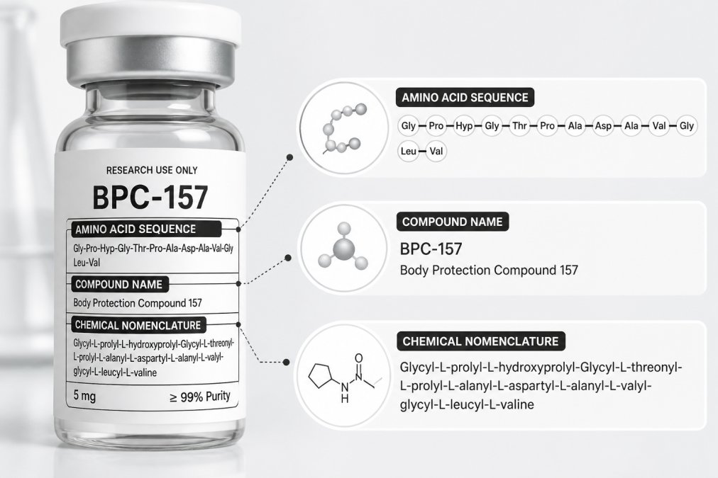 Close-up photograph of a research-grade peptide vial label showing amino acid sequence notation, compound name in three-letter symbols, one-letter code, and chemical identifier printed clearly on white label against amber glass vial