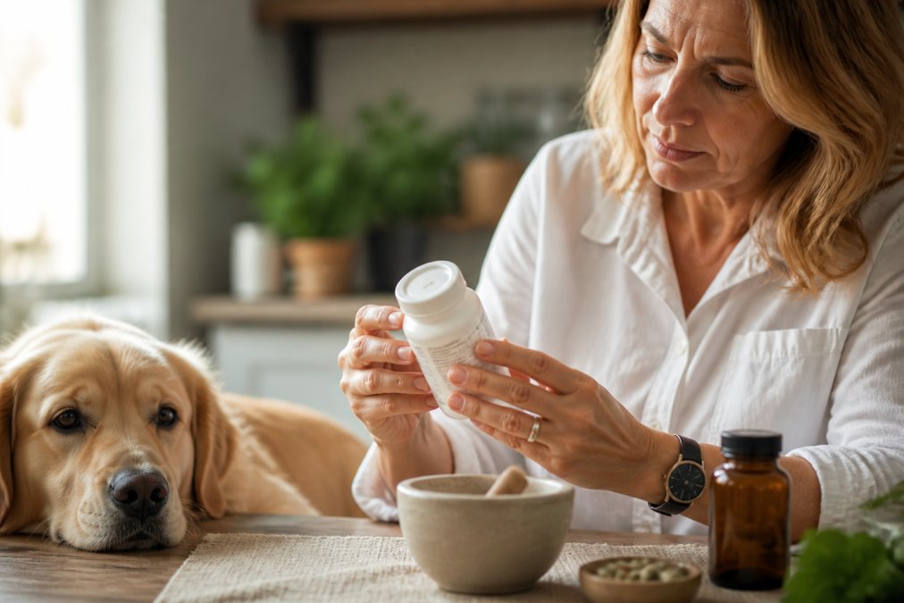 Pet owner examining a supplement bottle to read pet supplement labels on the product name and species statement.