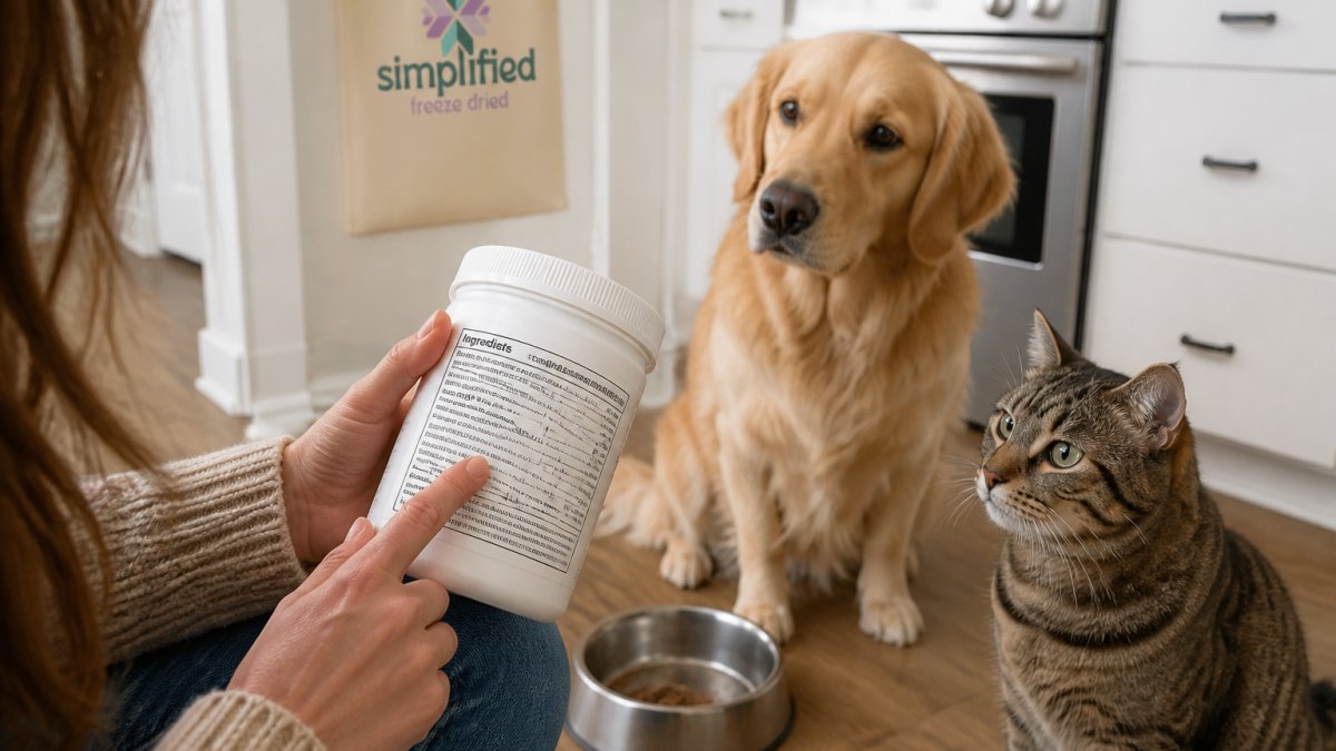 Close-up of a person's hands holding a pet supplement container and reading the ingredient panel, with a dog and cat nearby on a kitchen floor