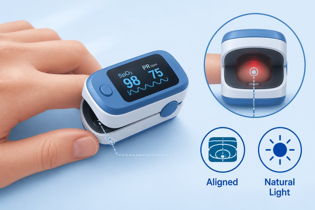 Close-up of a hand with a pulse oximeter device clipped gently on the index finger, showing proper alignment of the sensor window with the fingertip, natural lighting illuminating the sensor placement