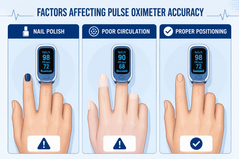 Multiple hands displayed side by side showing different factors: one hand with dark nail polish on the index finger, another hand with visibly pale fingertips indicating poor circulation, and a third hand demonstrating proper finger positioning with good color and no polish